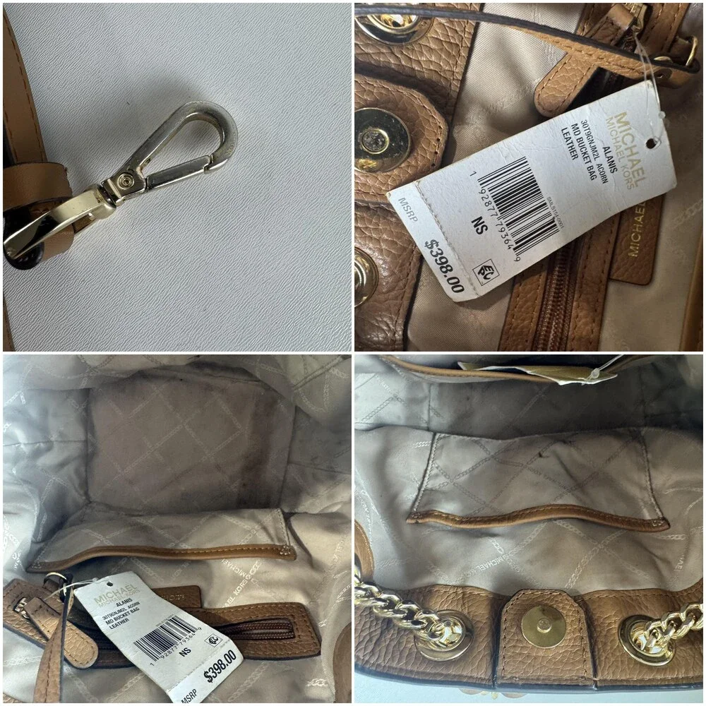 Michael Kors Alamis Bucket Bag Womens Medium Brown Leather Chain Strap Purse